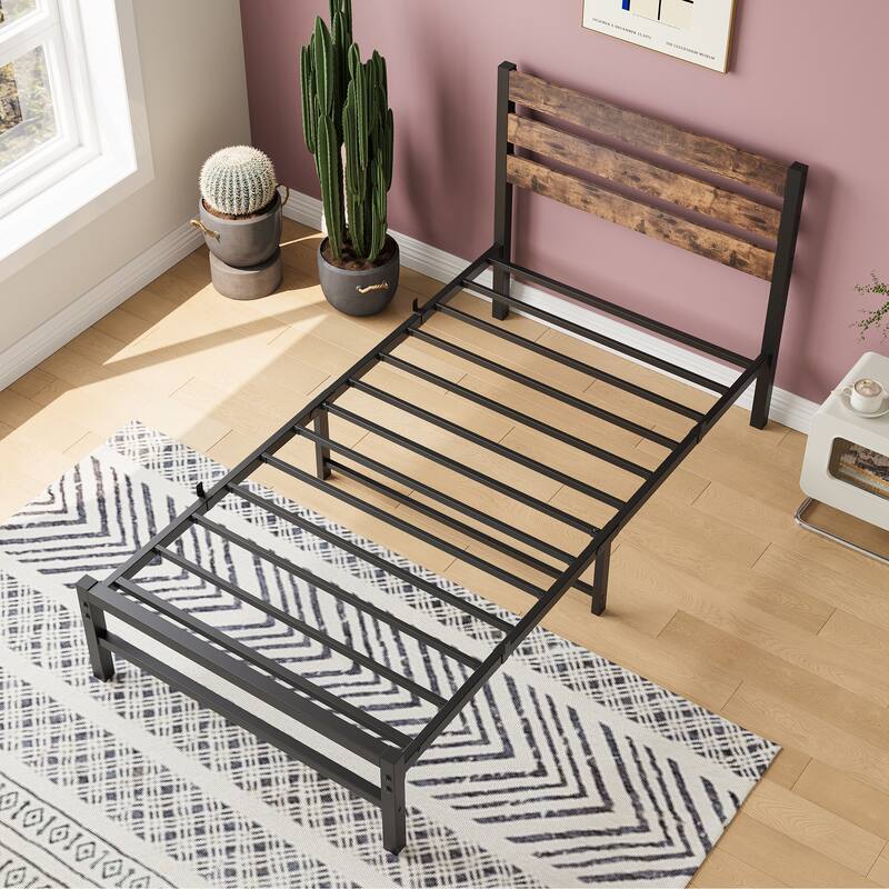 Modern Platform Bed Frame with Rustic Vintage Wood Headboard,No Box Spring Needed