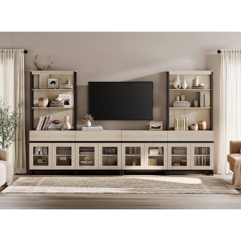 Modern TV Stand with 3 Tiers Bookshelf,Wooden Media TV Console with Glass Doors for Living Room