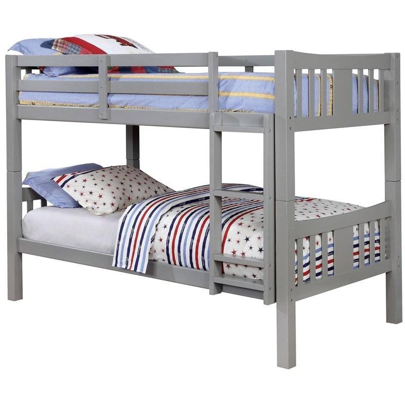 Twin Over Twin Transitional Bunk Bed with Attached Ladder, Gray Finish