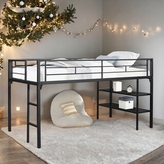 Metal Low Twin Size Loft Bed with Storage Shelves and Full Length ...