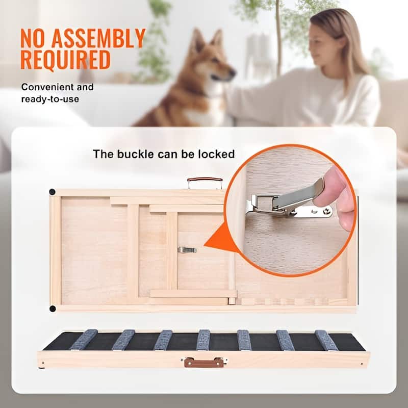 Natural-Black Wood Dog Ramp with Non-Slip Rubber and Adjustable Height