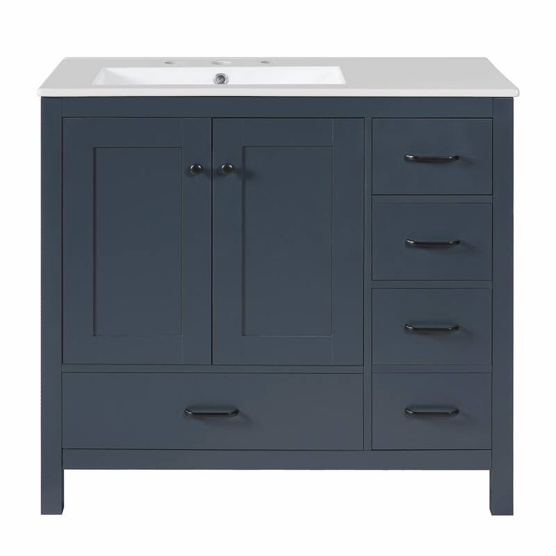 36" White Bathroom Vanity with Ceramic Sink Combo, Ample Storage Cabinet - 2 Soft-Close Doors and 5 Drawers