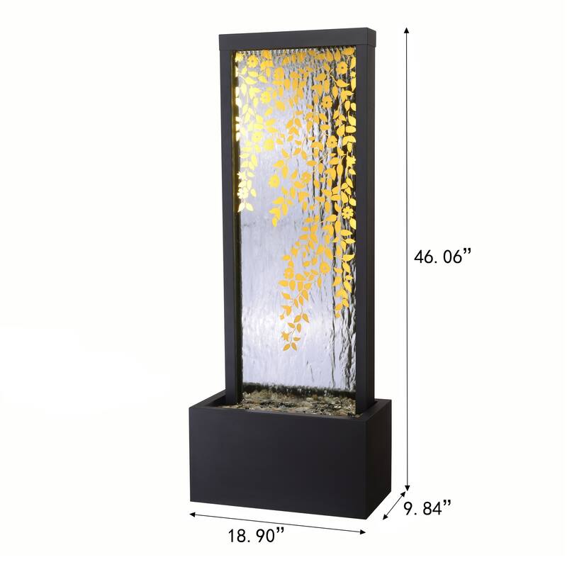 LED Lighted Leaves Mirror Outdoor Garden Water Fountain - 46" - Black