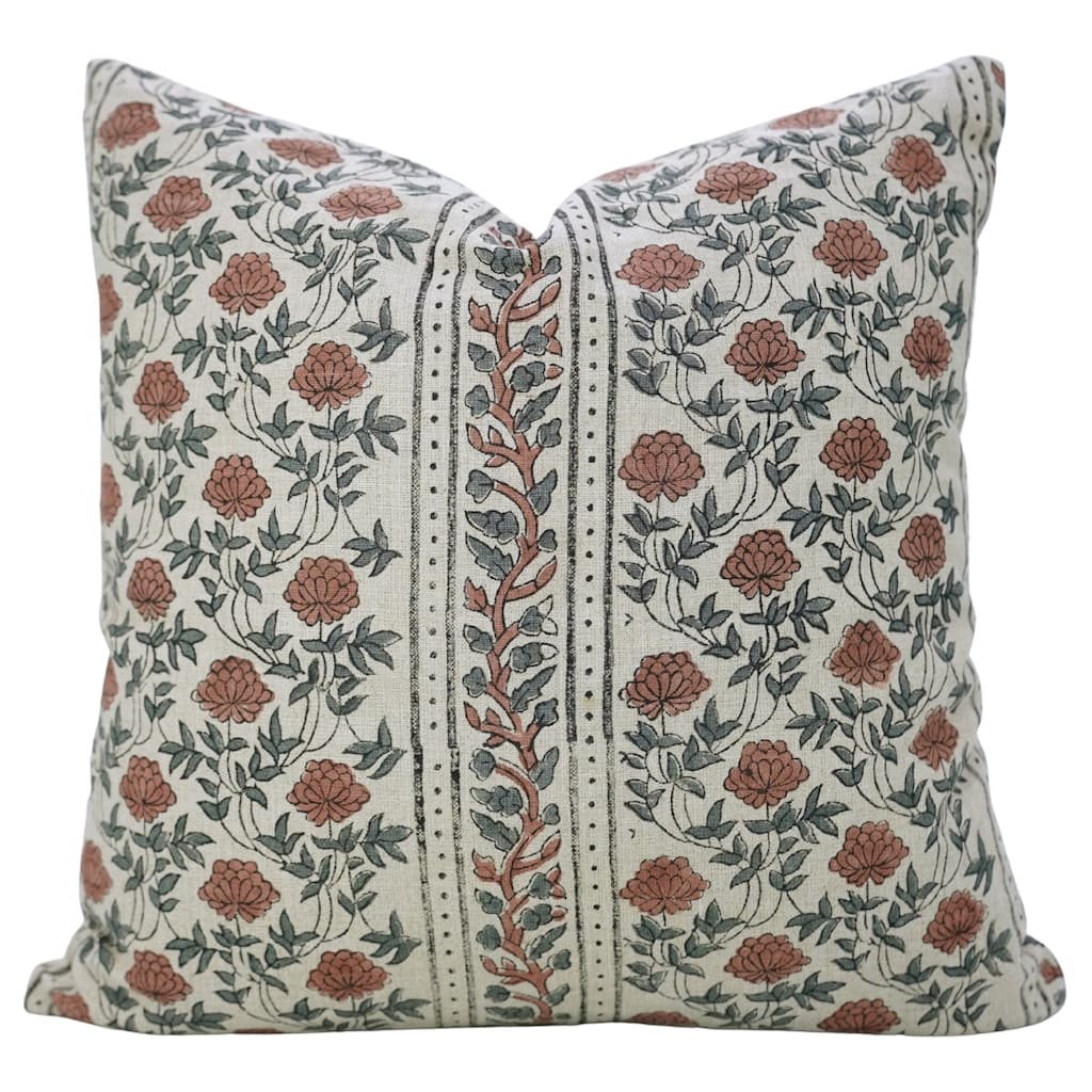 Fabdivine Handmade 16x16 Inch Linen Floral Pillow Cover for Chair, Dining or Bed Brown Soft Block Print Cushioncase, Khoobsurat