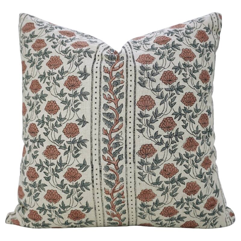 Fabdivine Handmade 22x22 Inch Linen Floral Pillow Cover for Chair, Dining or Bed Brown Soft Block Print Cushioncase, Khoobsurat