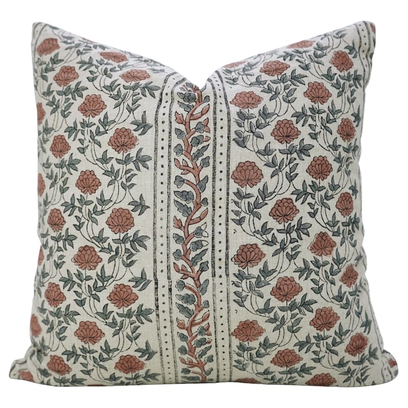 Fabdivine Handmade 26x26 Inch Linen Floral Pillow Cover for Chair, Dining or Bed Brown Soft Block Print Cushioncase, Khoobsurat