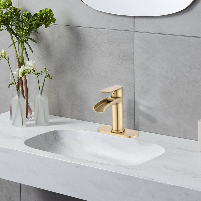 Waterfall Bathroom Faucet Single Handle Bathroom Sink Faucets 1 or 3 Hole with Deck Plate & Overflow Pop Up Drain