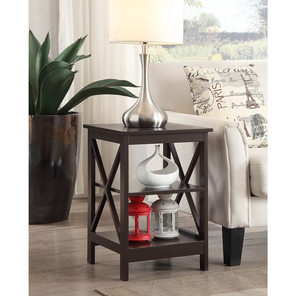 End Table with 3 Shelves and X Frame Panels, Transitional Accent Side Table with Open Storage for Decorative Display at Home
