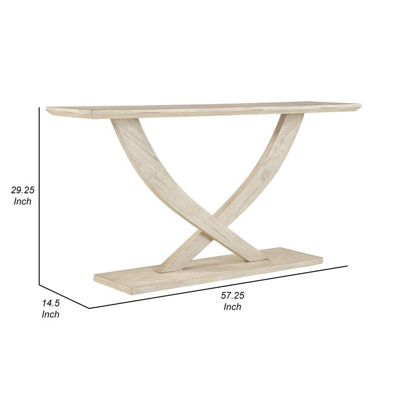 Rase 57 Inch Console Table, Cross Leg Design, Pedestal Base, Whitewash Wood