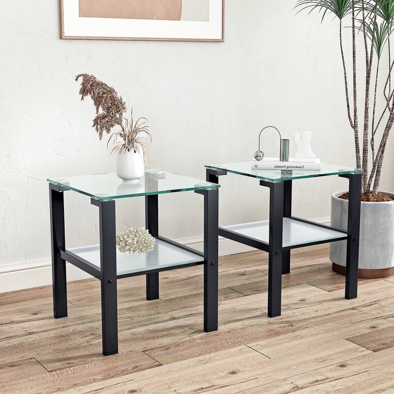 Glass 2 Layer Small Round Tea Table, Side Table - Clear+Black-2 Piece