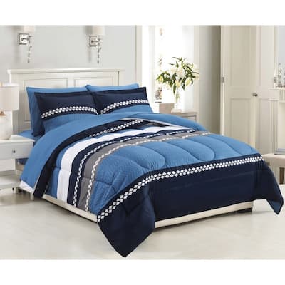 Bed in a Bag Soft Fluffy Goose Down Alternative Printed Comforter Set Includes Sheet Set, Navy Blue Geometric Stripes Pattern