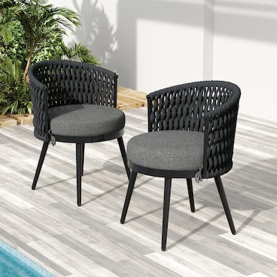 All-Weather Outdoor Dining Chairs – Metal Frame with Handwoven Rope & Dark Gray Cushions • Set of 2 Patio Seating
