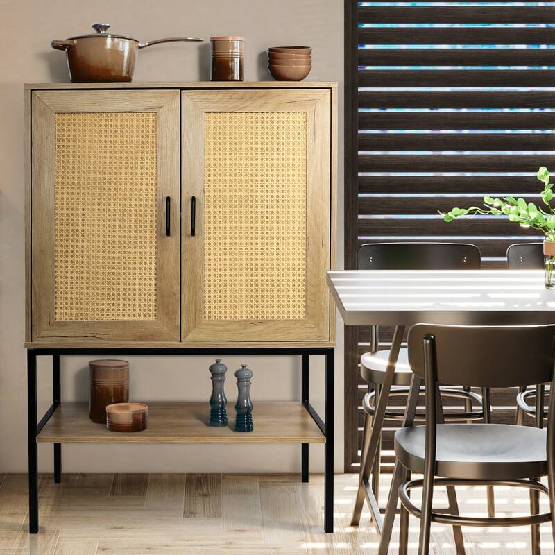 2 Rattan Doors Free Standing Storage Cabinet/Sideboard with 1 Open Bottom Shelf