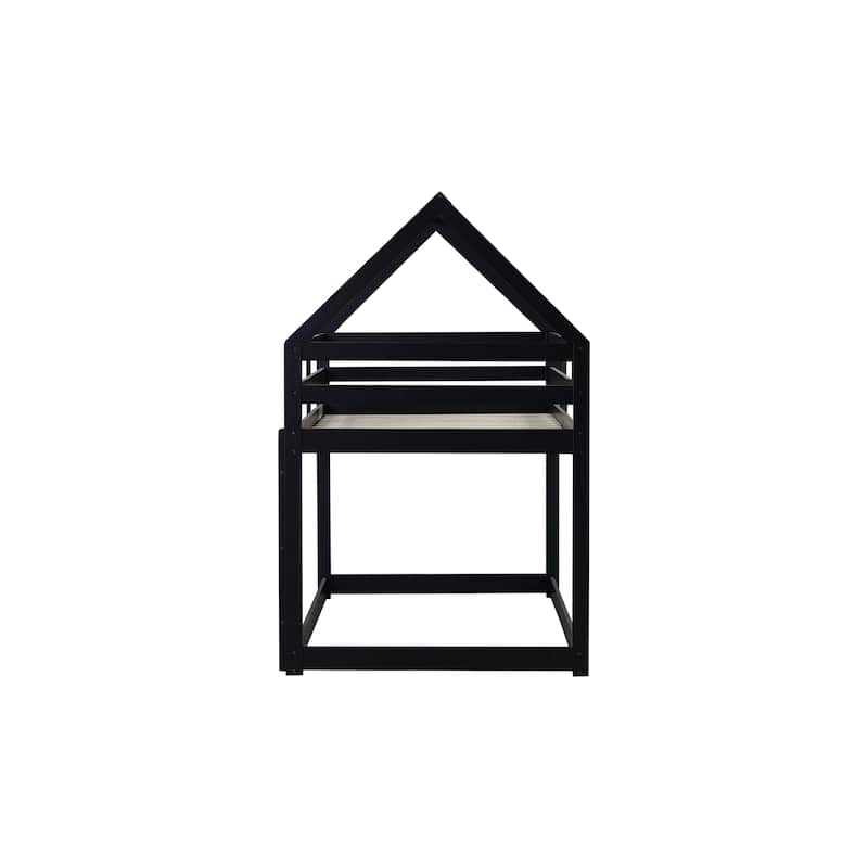 Twin over Twin Rubber Wood Floor Bunk Bed, with ladder,Guardrails,House-Shaped-Bunk Bed