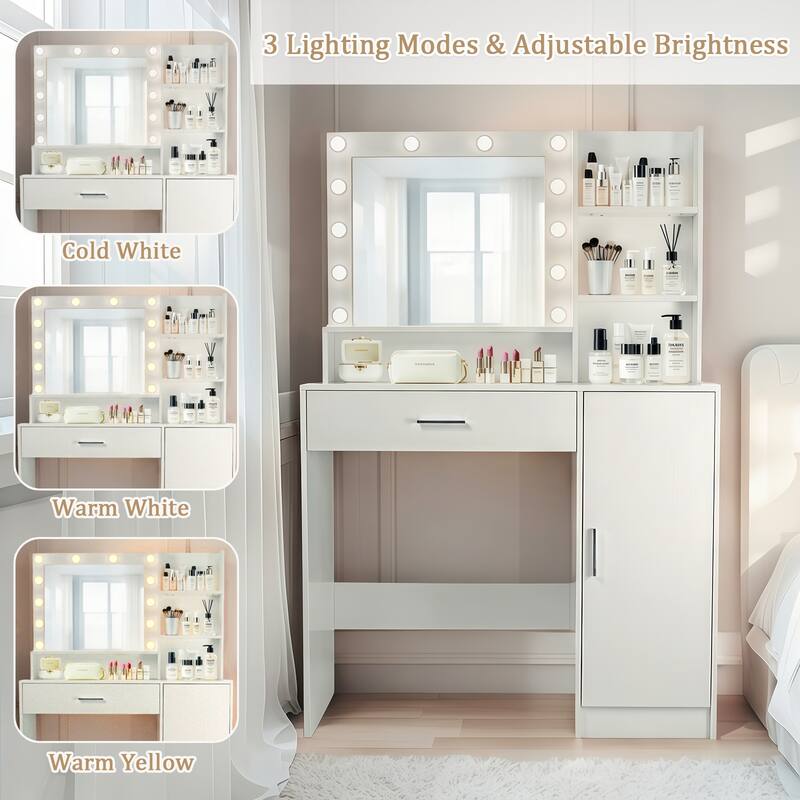 Vanity Desk with Mirror & Lights, Multifunctional Dressing Table Set, Makeup Desk with Open Shelves, Drawer & Storage Cabinet