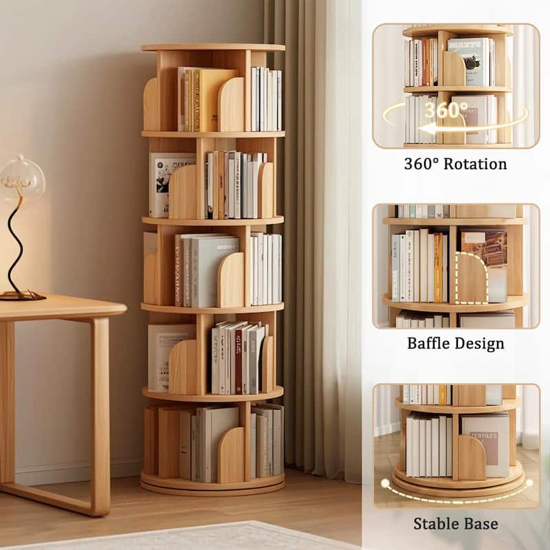 GDF Studio -Purling Modern 5-Tier Wood Rotating Bookshelf with 360-Degree Space-Saving Design