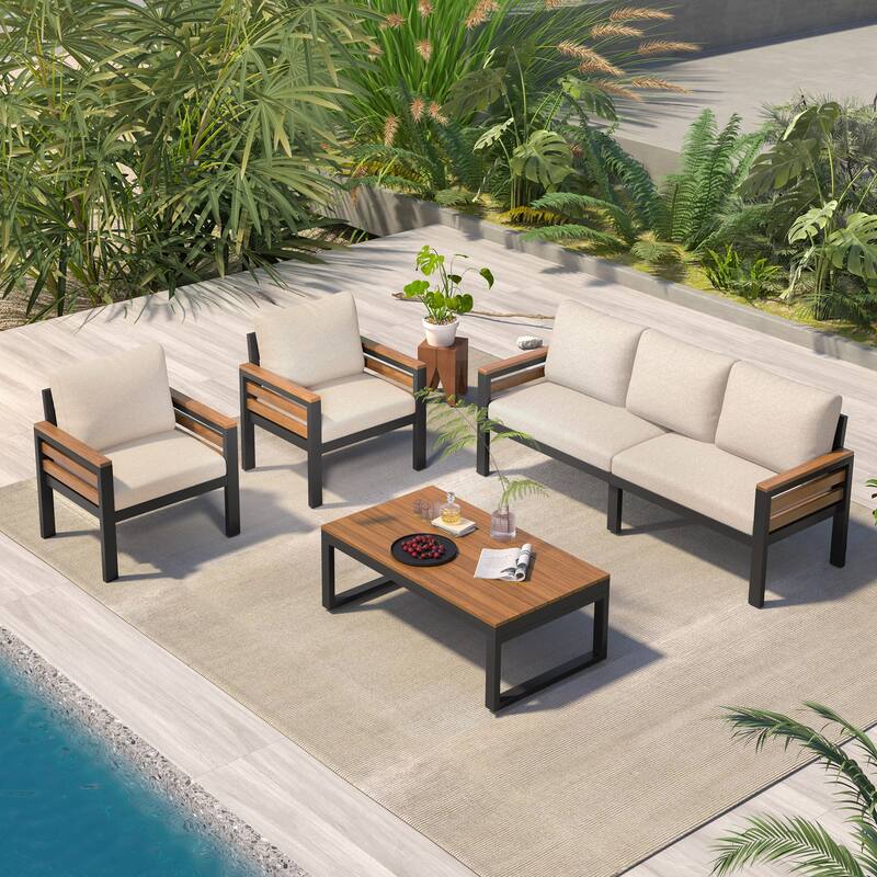 4-Piece Outdoor Sofa Set with Acacia Wood Armrests & Coffee Table, for 5 People