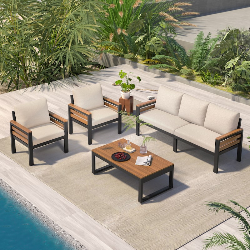 Roomfitters 4-Piece Outdoor Patio Furniture Set with 3-Seater Sofa, 2 Armchairs and Coffee Table, Wood Accents