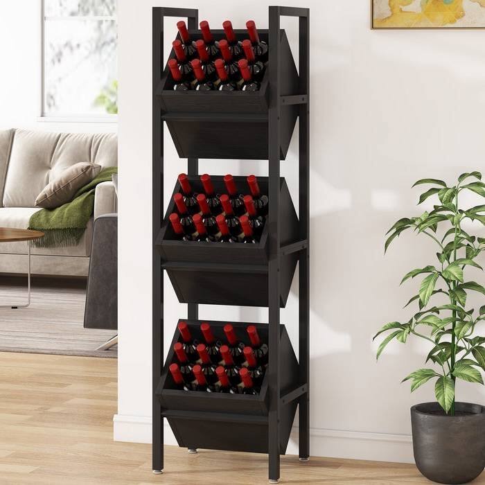 Metal Wine Rack 3-Bin Industrial Wine Bottle Stand Storage Shelf - 11.81''D x 14.56''W x 51.18''H