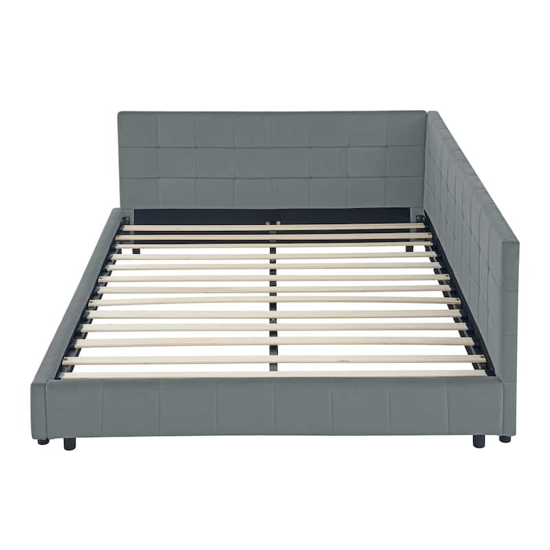 Queen Size Upholstered Tufted Bed Frame with Backrest and Armrests, Velvet Grey, Easy Assembly