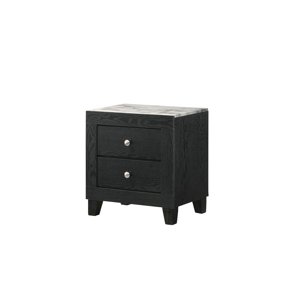 Contemporary White Faux Marble Top Nightstand with 2 Drawers in Black Finish