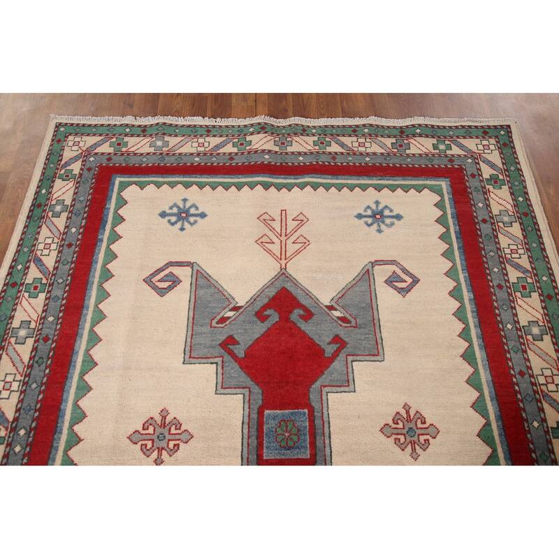 Kazak Area Rug Hand-Knotted Oriental Beige Wool Carpet - 5'0" x 6'10"