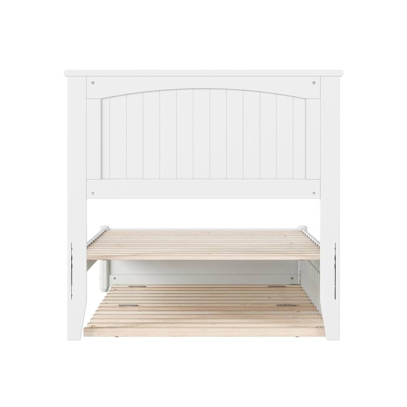 Twin Platform Bed with Trundle - White Wood Bed Frame & Panel Headboard - Space Saving Design