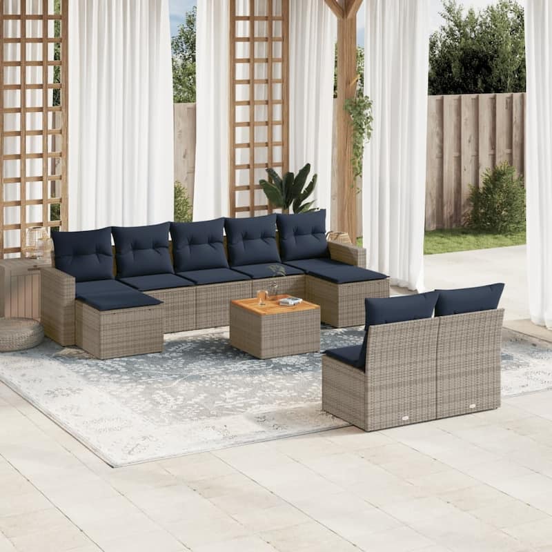 vidaXL 10 Piece Patio Sofa Set with Cushions Grey Poly Rattan - 21.7" x 24.4" x 27.2" - Grey