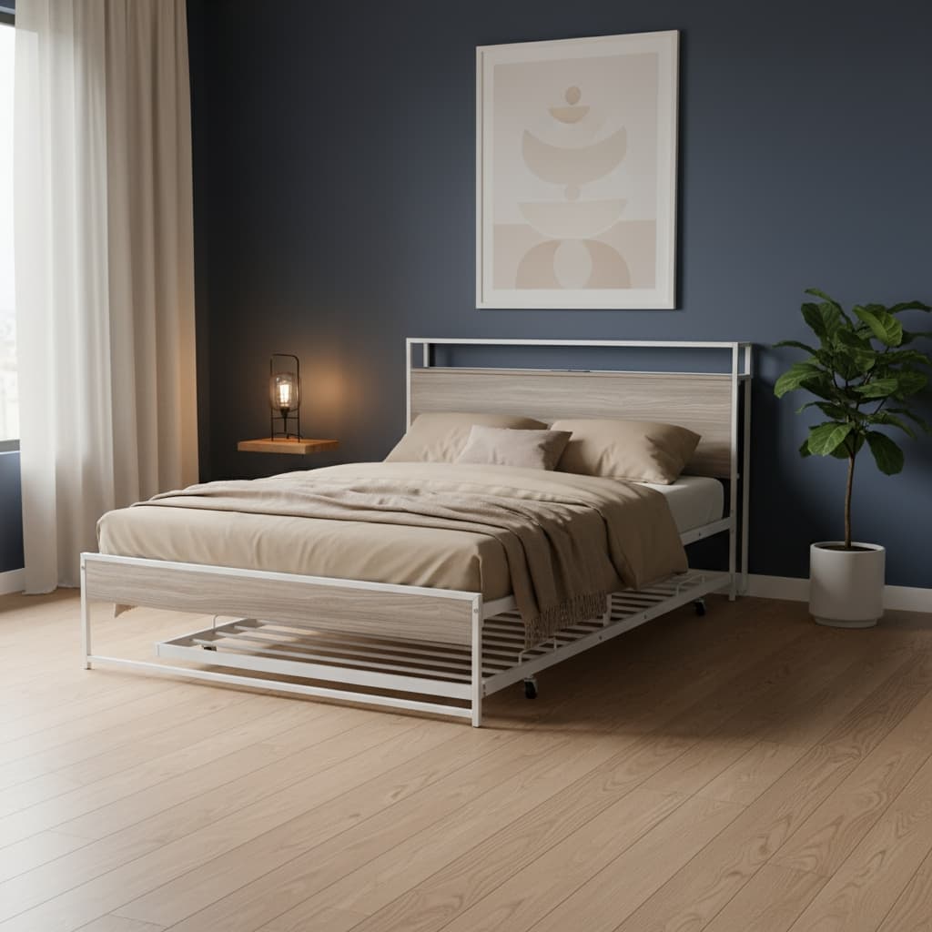 HomeRoots White Metal Full Bed Frame With Trundle