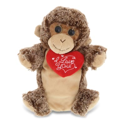 DolliBu I LOVE YOU Monkey Super Soft Plush Hand Puppet Animal with Heart - 9 Inches