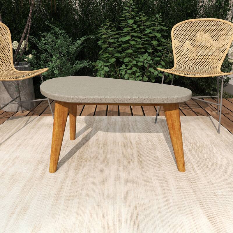 Gray Concrete Inspired Oval End Table Outdoor Accent Table with Brown Tapered Wood Legs