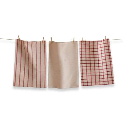 Vintage Dishtowel Set of 3 Red Multi Kitchen Towels Cotton Everyday Textiles Machine Wash 26x18 inches