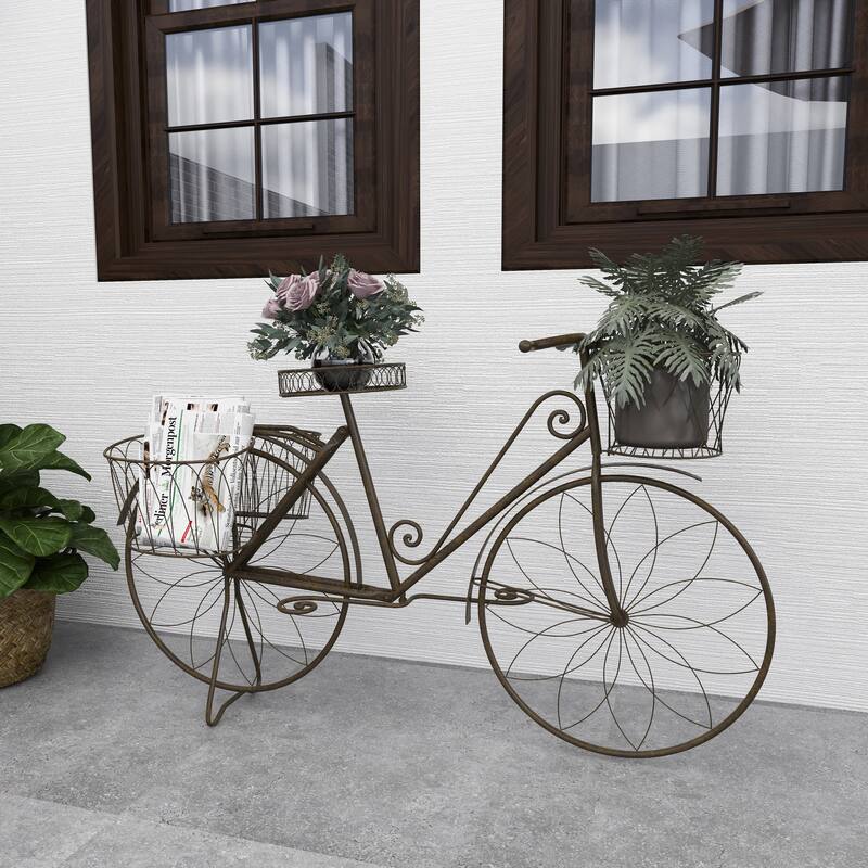 Brown Metal Indoor Outdoor Wire Floral Scrolled Bike Indoor Outdoor Plantstand with Basket and Saddle Bag Planters