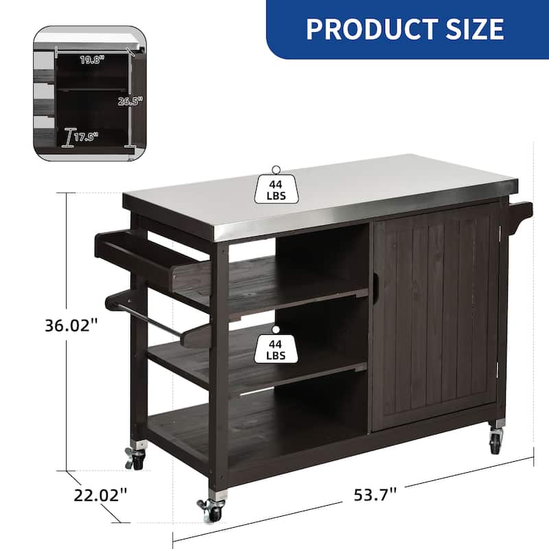 Moasis Outdoor Kitchen Island Rolling Trolley Cart with Stainless Steel Tabletop