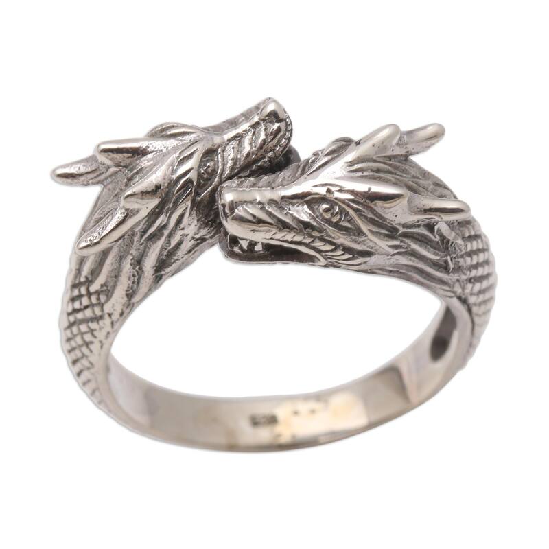 Novica Handmade Dragon Romance Men'S Sterling Silver Wrap Ring - 9