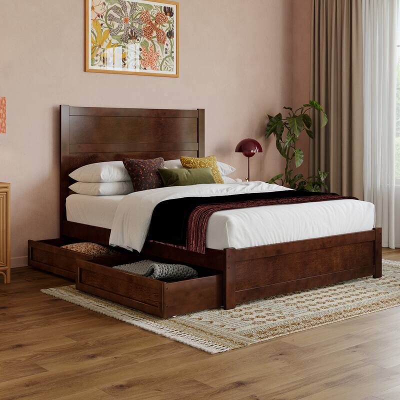 Aveline Wood Platform Bed with Matching Footboard & Storage Drawers - Full - Walnut