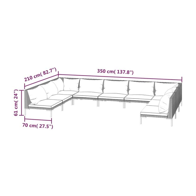 vidaXL Patio Lounge Set Outdoor Sectional Corner Sofa Poly Rattan Dark Grey - 27.6" x 27.6" x 24"