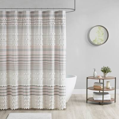 Urban Habitat Charlie Cotton Yarn Dye Shower Curtain with Pom Poms