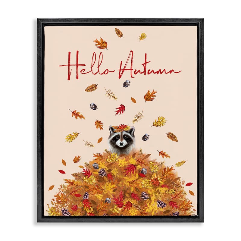 Stupell Hello Autumn Raccoon Framed Floater Canvas Wall Art Design By Elizabeth Tyndall - 17 x 21 - Black