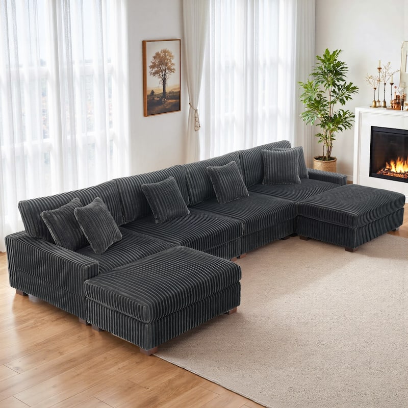 Anne 150" W Upholstered Plush Corduroy Modular Sectional Sofa
