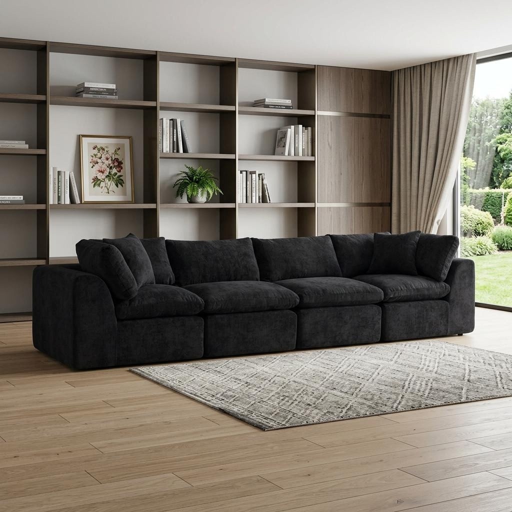 HomeRoots 138" Black Chenille Modular Sofa With Toss Pillows
