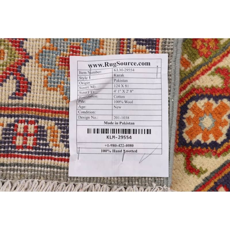 Geometric Kazak Accent Rug Hand-Knotted Grey Wool Carpet - 2'8" x 4'1"