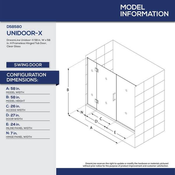 Dreamline Unidoor X 58 58 1 2 In W X 58 In H Frameless Hinged Tub Door 58 58 5 W 58 58 5 W Overstock 1864