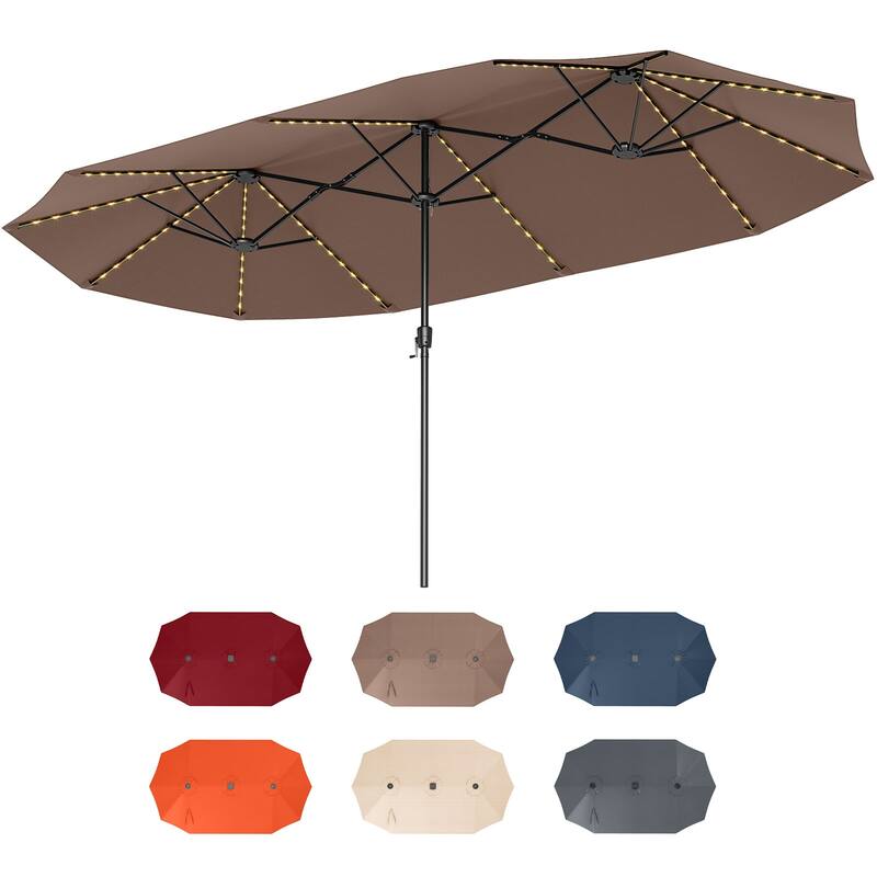 Costway 15.5 FT Extra-Large Patio Umbrella with LED Solar Lights & 12 - See Details - Brown