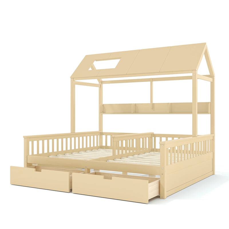 Double Twin Platform Bed with Storage Shelves and Drawers, House Platform Bed with Support Slats, Childlike