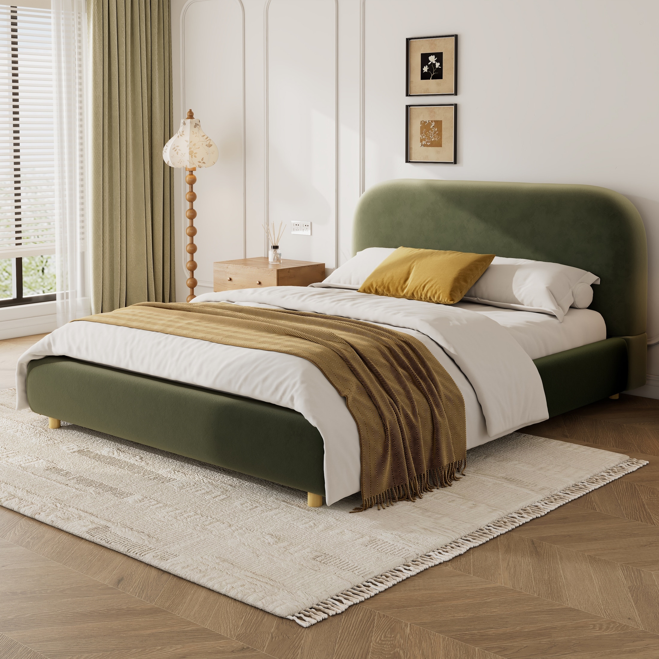 Christopher Knight Home - Eleanor Upholstered Platform Bed with Curve-Shaped Headboard & Metal Frame