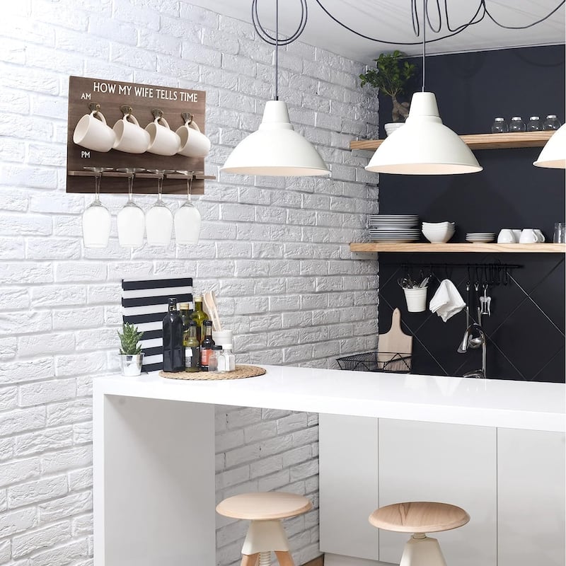 Wall Mounted Wine and Mug Rack, 4 Wine Glasses and 4 Coffee Mugs Included, "How My Wife Tells Time"