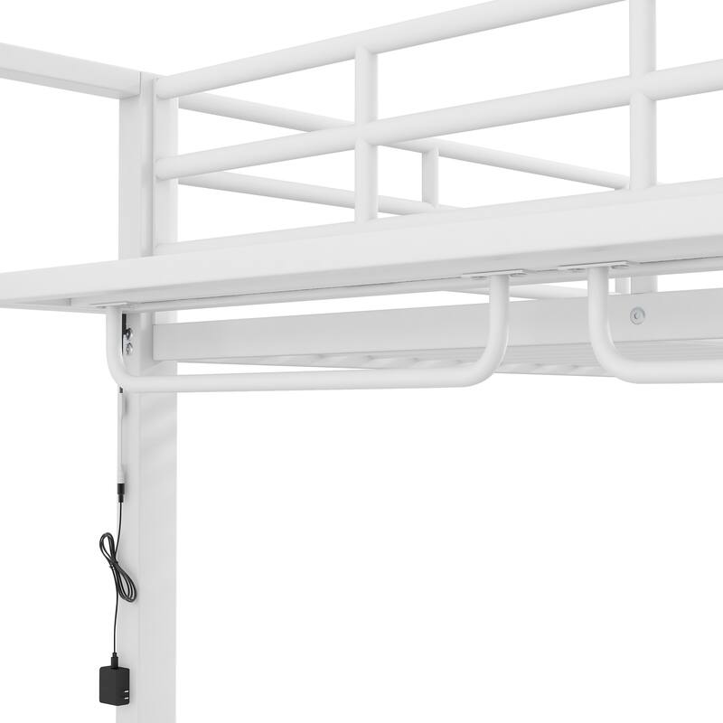 Full Size LED Bunk Bed with Storage Mesh Shelves and Clothes Hooks, Heavy Duty Metal Bunk Bed Frame, Full over Full