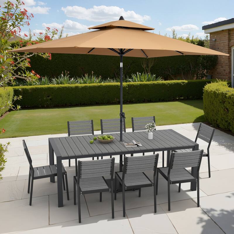 9/11-Piece Outdoor Dining Set Aluminum Table and Stackable Chairs w/10 ft Umbrella and Base - Set of 11 - Grey Table with Tan Umbrella