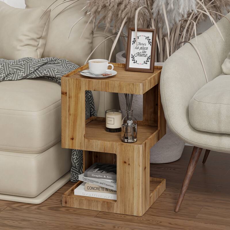 COZAYH Farmhouse Geometric Wood End Table, Distressed Accent Side Table with Two Storage Space, 3-Layer Cube Design - Natural